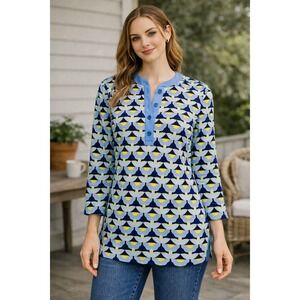 WB4 J. McLaughlin Geometric Print 3/4 Sleeve Button Tunic Top Medium